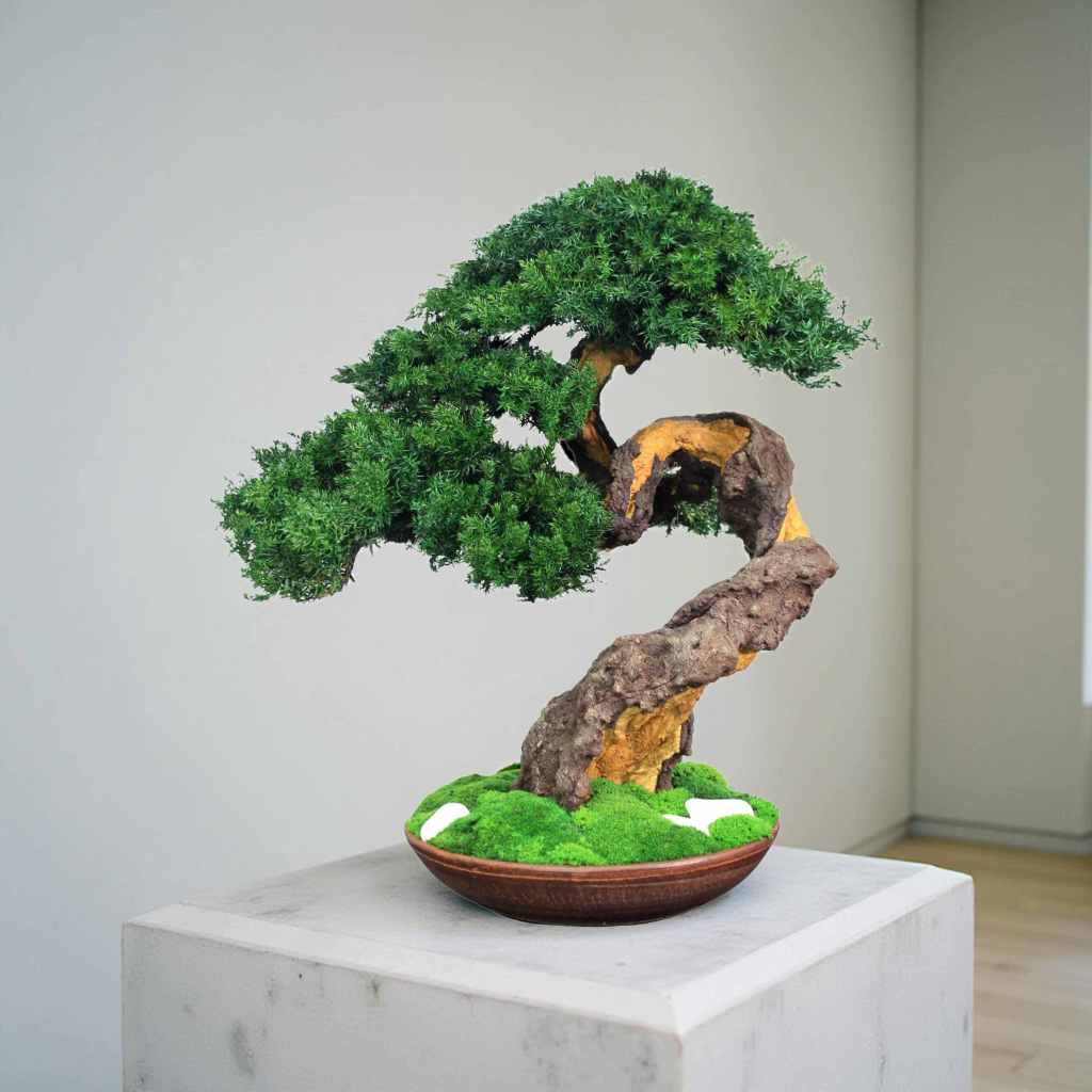A meticulously crafted bonsai tree with vibrant green foliage and a twisted, textured trunk. The tree sits in a brown ceramic pot with a bed of green moss.