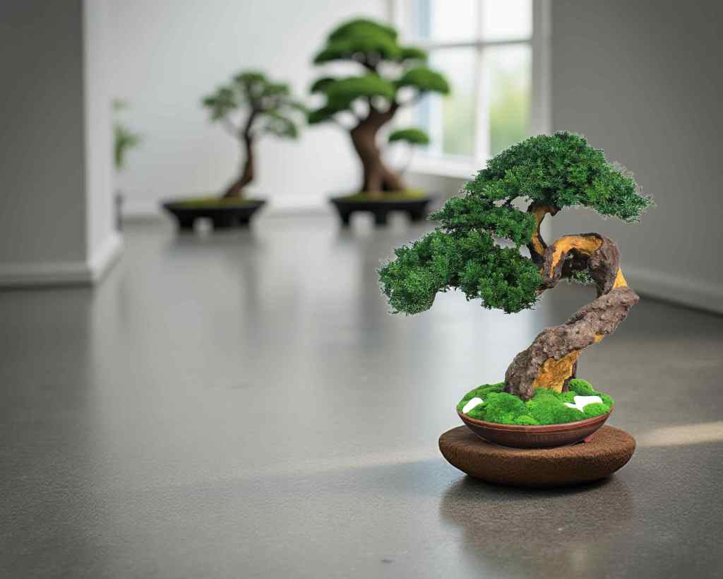 A meticulously crafted bonsai tree with vibrant green foliage and a twisted, textured trunk. The tree sits in a brown ceramic pot with a bed of green moss.