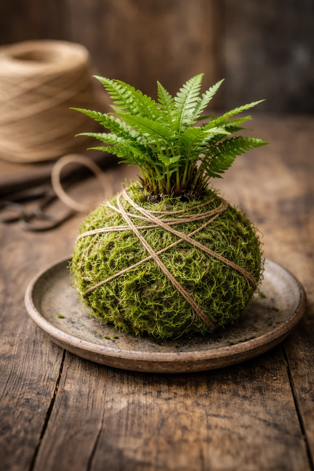 handmade kokedama moss ball with fern plant on ceramic plate close up