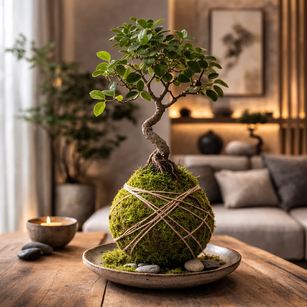 tree style kokedama moss ball with small bonsai like plant in cozy interior setting