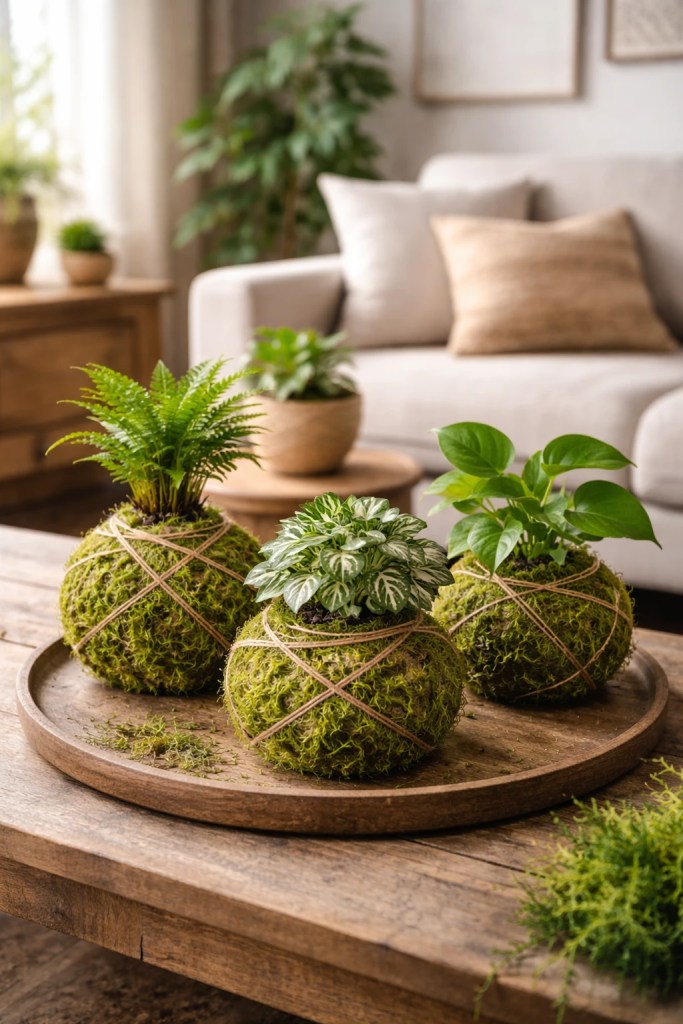 three kokedama moss ball plants styled in modern living room interior on wooden table