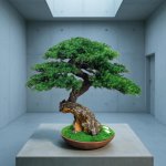 A meticulously crafted bonsai tree with vibrant green foliage and a twisted, textured trunk. The tree sits in a brown ceramic pot with a bed of green moss.