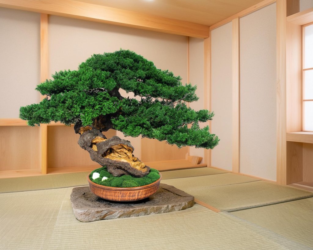 Bonsai tree in interior inspired by Japanese aesthetic.