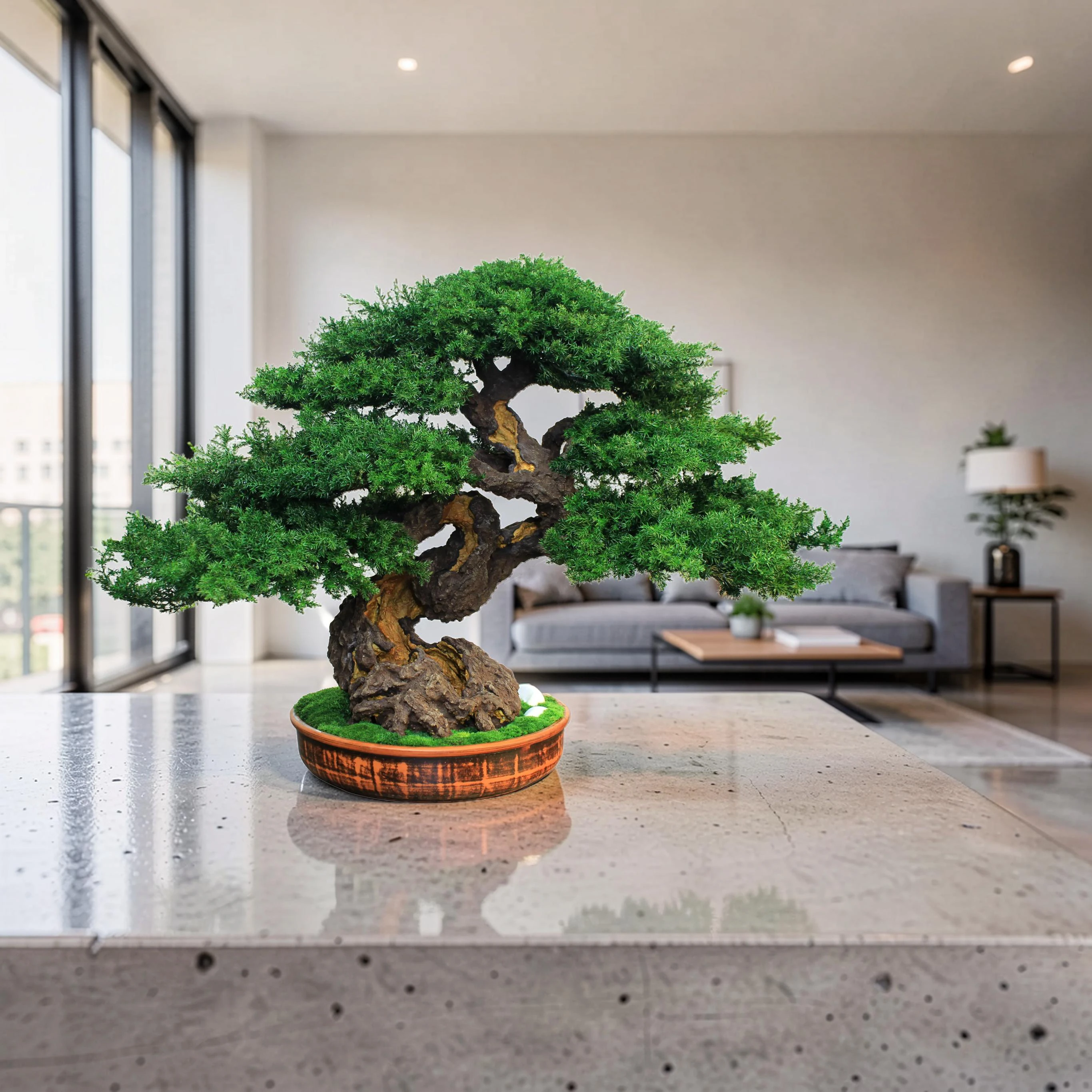 preserved bonsai tree in modern living room
